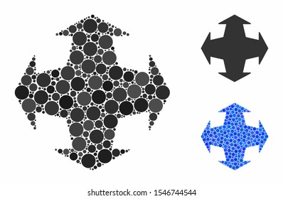 Directions mosaic of round dots in different sizes and color tints, based on directions icon. Vector round dots are grouped into blue collage. Dotted directions icon in usual and blue versions.