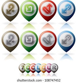 Directions and moves arrows to show different kind of road situations.  Vector "geo" like icons saved as 7 color version placed at separate layers artwork, saved as EPS v. 10.