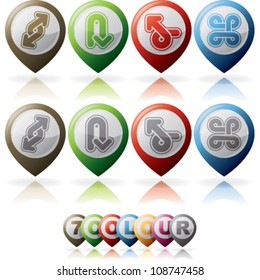 Directions and moves arrows to show different kind of road situations.  Vector "geo" like icons saved as 7 color version placed at separate layers artwork, saved as EPS v. 10.