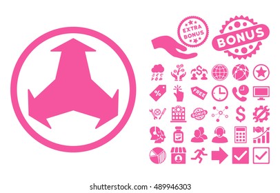 Directions pictograph with bonus elements. Vector illustration style is flat iconic symbols, pink color, white background.