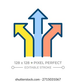 Icono de color de línea perfecta de píxeles de direcciones. Formas de movimiento permitidas para viajar en los carriles. Punteros. Infraestructura vial. Ilustración vectorial aislada. Diseño de símbolo colorido plano. Trazo editable