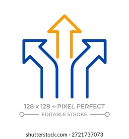 Direcciones píxel icono de línea de dos colores perfecto. Formas de movimiento permitidas para viajar en los carriles. Símbolo de contorno bicolor de infraestructura vial. Pictograma lineal duotono. Ilustración aislada. Trazo editable