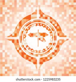 directions sign icon inside abstract emblem, orange mosaic background