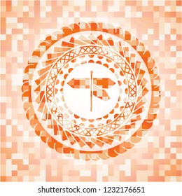 directions sign icon inside abstract orange mosaic emblem with background