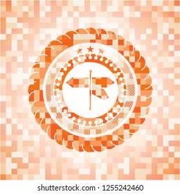 directions sign icon inside abstract emblem, orange mosaic background