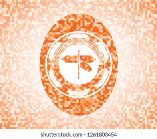 directions sign icon inside abstract emblem, orange mosaic background