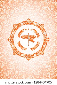 directions sign icon inside abstract emblem, orange mosaic background