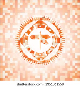 directions sign icon inside abstract emblem, orange mosaic background