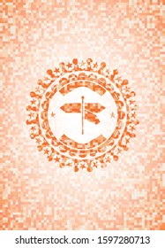 directions sign icon inside abstract orange mosaic emblem with background
