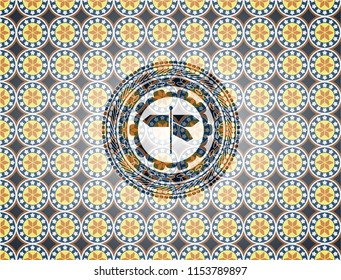 directions sign icon inside arabic badge background. Arabesque decoration.