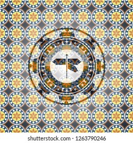 directions sign icon inside arabic badge background. Arabesque decoration.