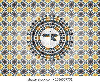 directions sign icon inside arabic emblem background. Arabesque decoration.