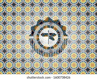 directions sign icon inside arabic badge background. Arabesque decoration.