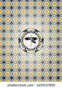 directions sign icon inside arabic emblem background. Arabesque decoration.