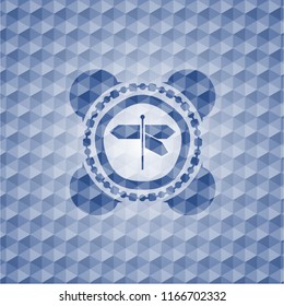 directions sign icon inside blue emblem or badge with abstract geometric pattern background.