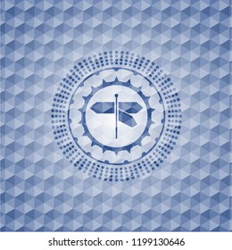 directions sign icon inside blue emblem or badge with abstract geometric polygonal pattern background.