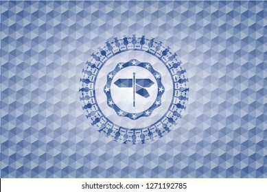 directions sign icon inside blue badge with geometric pattern background.