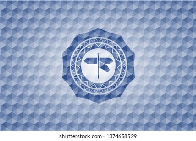 directions sign icon inside blue emblem with geometric pattern.