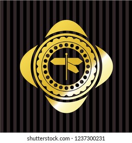 directions sign icon inside golden badge or emblem