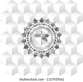 directions sign icon inside grey badge with geometric cube white background