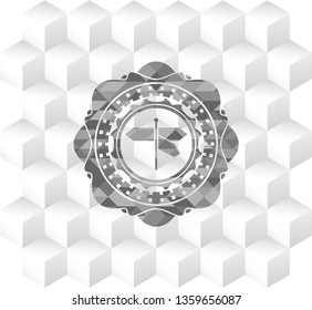 directions sign icon inside grey emblem. Vintage with geometric cube white background