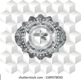 directions sign icon inside grey badge with geometric cube white background