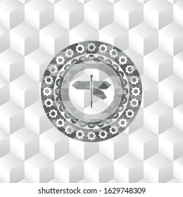 directions sign icon inside grey badge with geometric cube white background