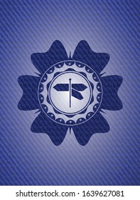directions sign icon inside jean or denim emblem or badge background