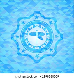directions sign icon inside light blue emblem with mosaic ecological style background