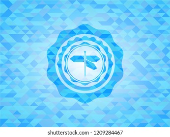 directions sign icon inside light blue emblem. Mosaic background