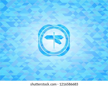 directions sign icon inside light blue emblem. Mosaic background