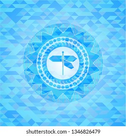 directions sign icon inside light blue emblem with mosaic ecological style background