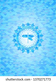 directions sign icon inside light blue emblem. Mosaic background