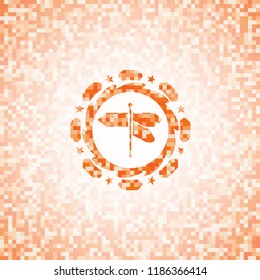 directions sign icon inside orange tile background illustration. Square geometric mosaic seamless pattern with emblem inside.