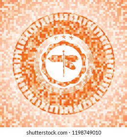 directions sign icon inside orange tile background illustration. Square geometric mosaic seamless pattern with emblem inside.