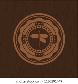 directions sign icon inside realistic wood emblem