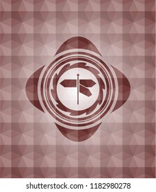 directions sign icon inside red seamless emblem with geometric pattern background.