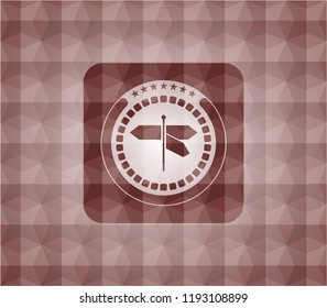 directions sign icon inside red polygonal badge. 