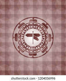directions sign icon inside red polygonal badge. Seamless.