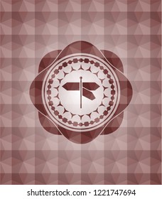 directions sign icon inside red emblem or badge with geometric pattern background. Seamless.