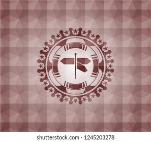directions sign icon inside red geometric pattern emblem. Seamless.