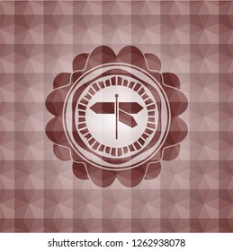 directions sign icon inside red emblem or badge with abstract geometric polygonal pattern background. Seamless.