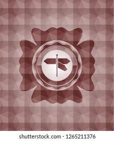 directions sign icon inside red emblem or badge with abstract geometric polygonal pattern background. Seamless.