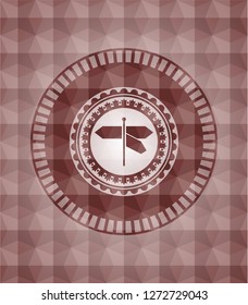 directions sign icon inside red geometric badge. Seamless.