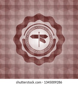 directions sign icon inside red badge with geometric pattern background. Seamless.