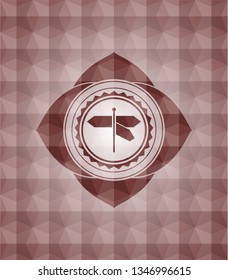 directions sign icon inside red geometric pattern emblem. Seamless.