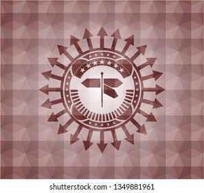 directions sign icon inside red emblem with geometric pattern background. Seamless.