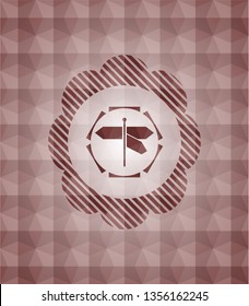 directions sign icon inside red seamless emblem or badge with abstract geometric polygonal pattern background.
