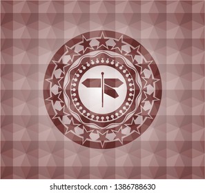 directions sign icon inside red geometric pattern emblem. Seamless.