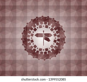 directions sign icon inside red emblem or badge with geometric pattern background. Seamless.